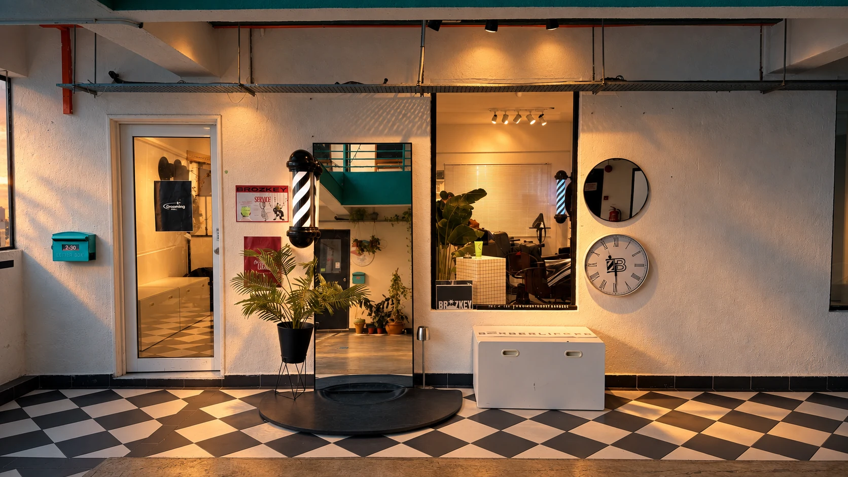The full frontage of The Brozkey Club at Kedai KL, with barber poles, plants and a checkerboard floor, in a cinematic lighting treatment.
